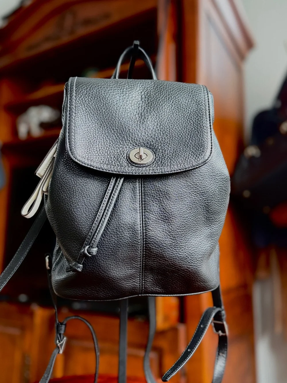 Coach Black Pebbled Leather Turnlock Drawstring Backpack –